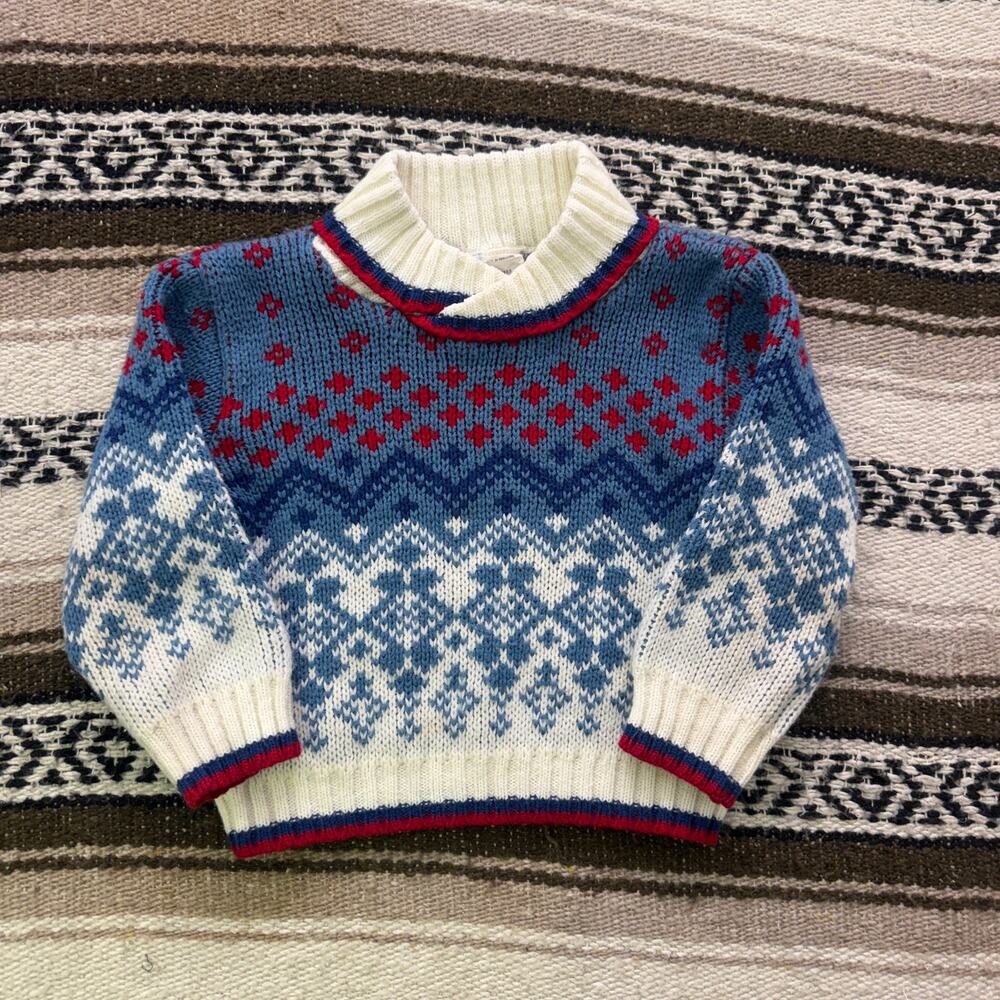 Baby Toddlers Vintage 80's Babyfair White Blue Red Nordic Pullover Sweater Sz 3T